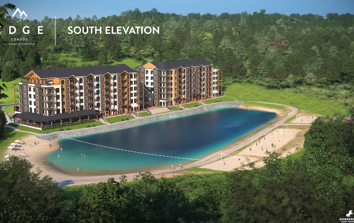 Rendering of Edge Condos At Horseshoe south elevation summer.