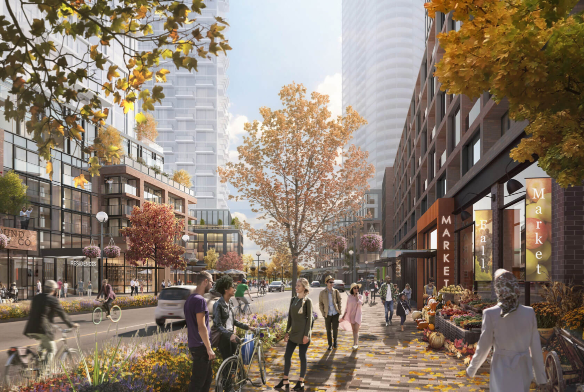 Rendering of Scarborough Junction main street retail during the fall.