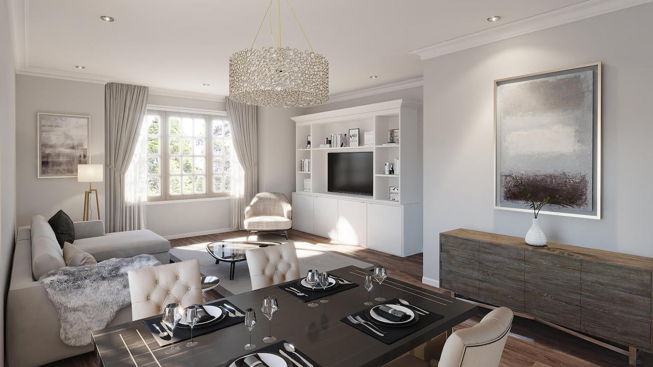 Rendering of The Village at Highland Creek interior living room
