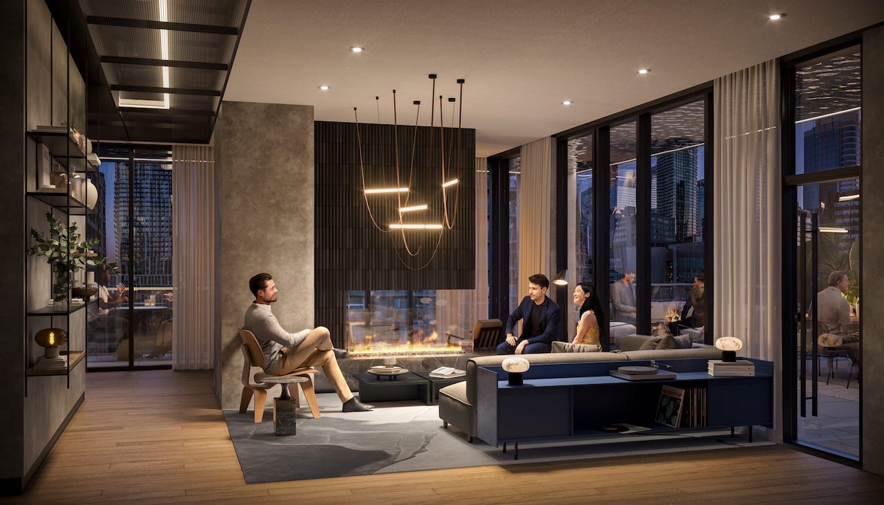 Rendering of Centricity Condos party room at night