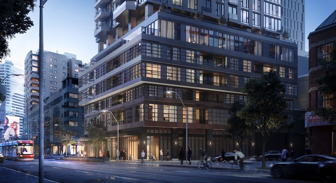 Rendering of Centricity Condos exterior podium view in the evening