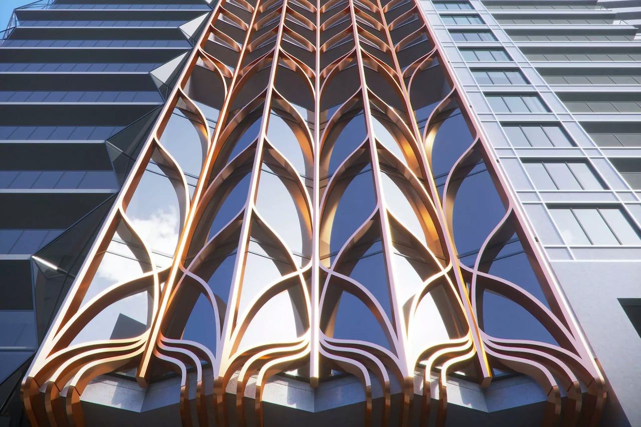 Exterior rendering of 208 Bloor Street West Condos facade detailing rose gold