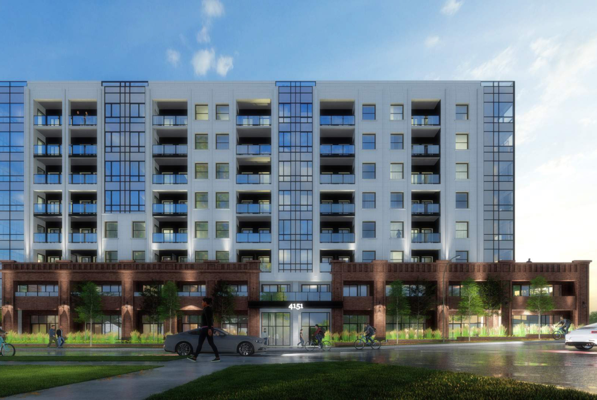 Exterior rendering of 4151 Kingston Road Condos full side view at dusk