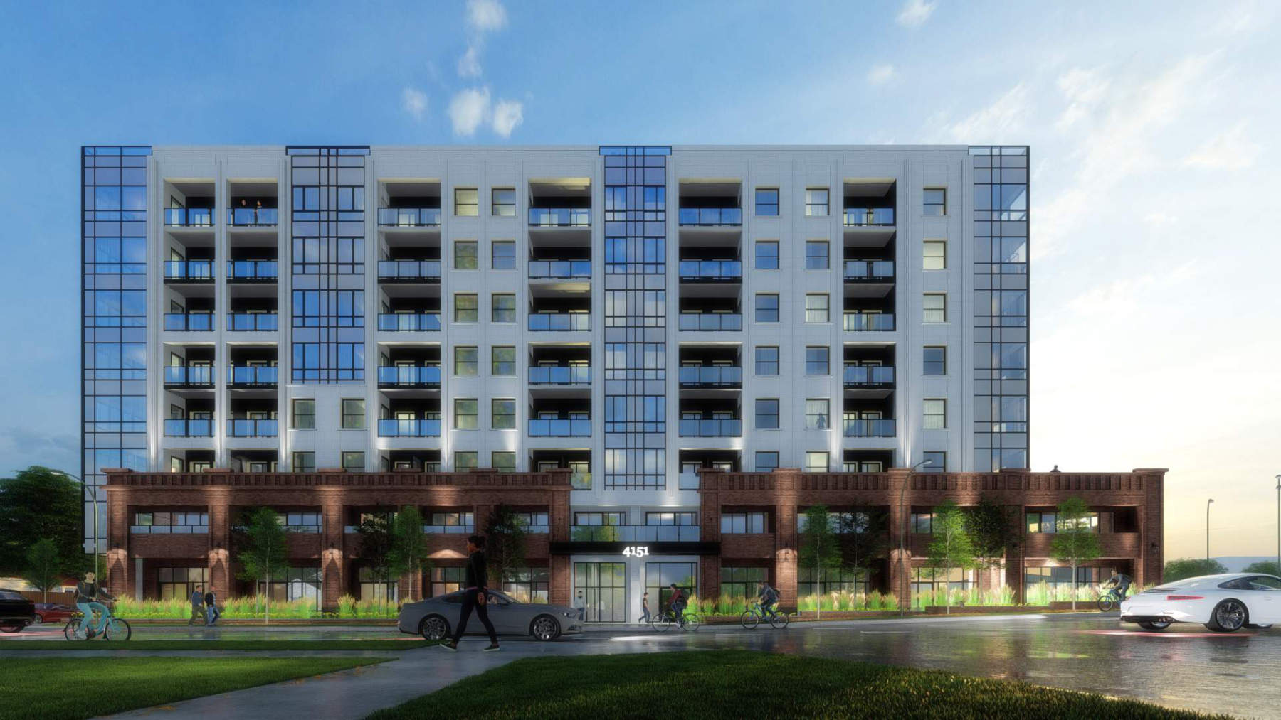 Exterior rendering of 4151 Kingston Road Condos full side view at dusk