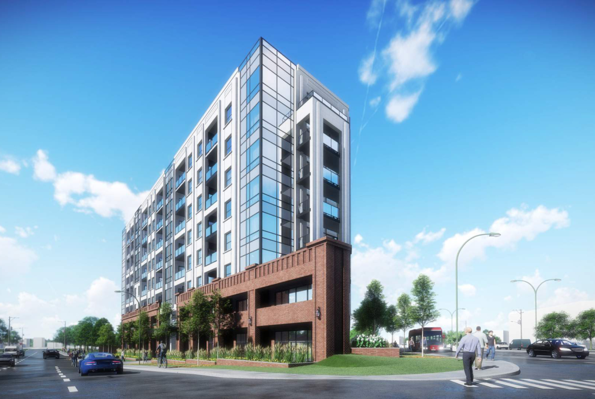 Exterior rendering of 4151 Kingston Road Condos front angled view