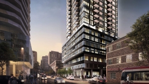 Rendering of Centricity Condos exterior and streetscape