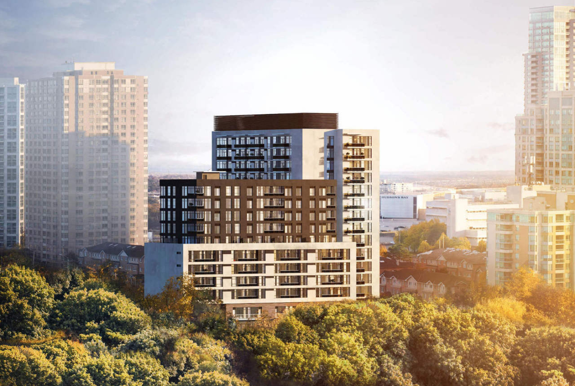 Exterior rendering of Elle Condos and surrounding area.