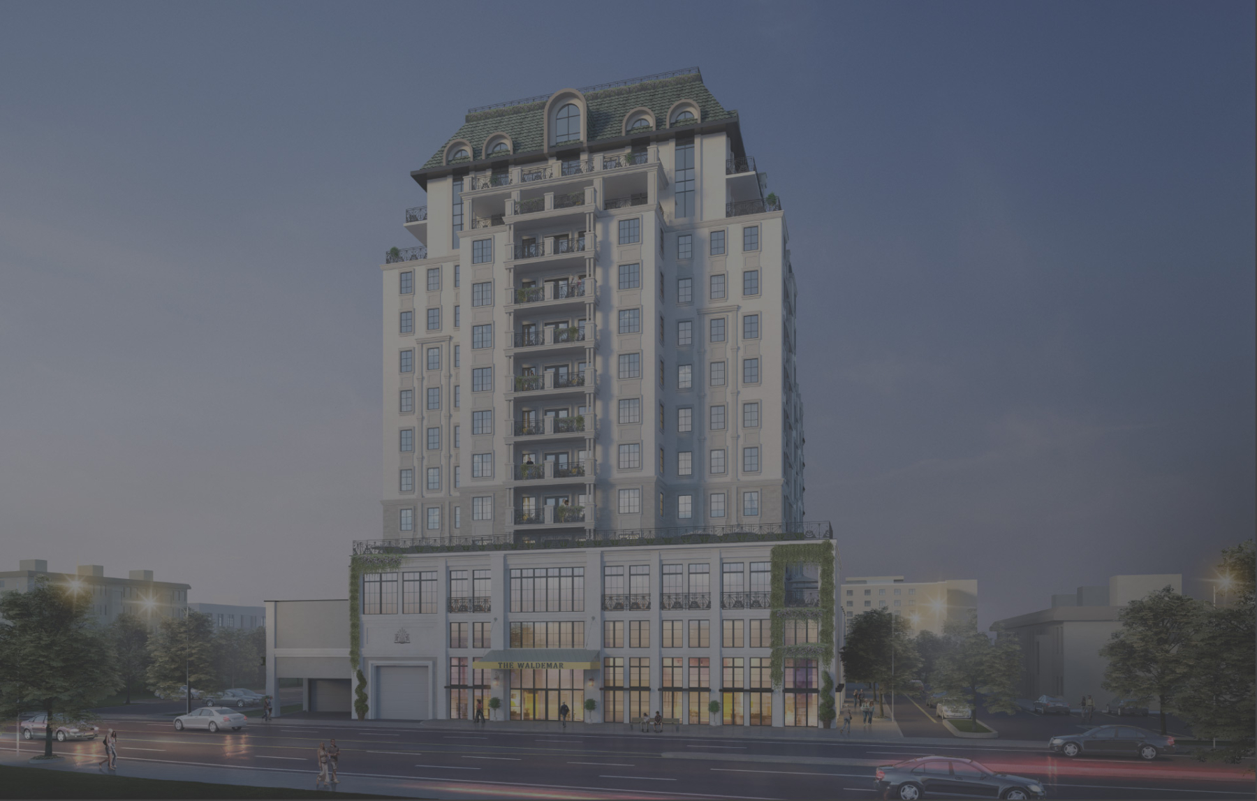 Rendering of The Waldemar Condos full exterior with grey overlay