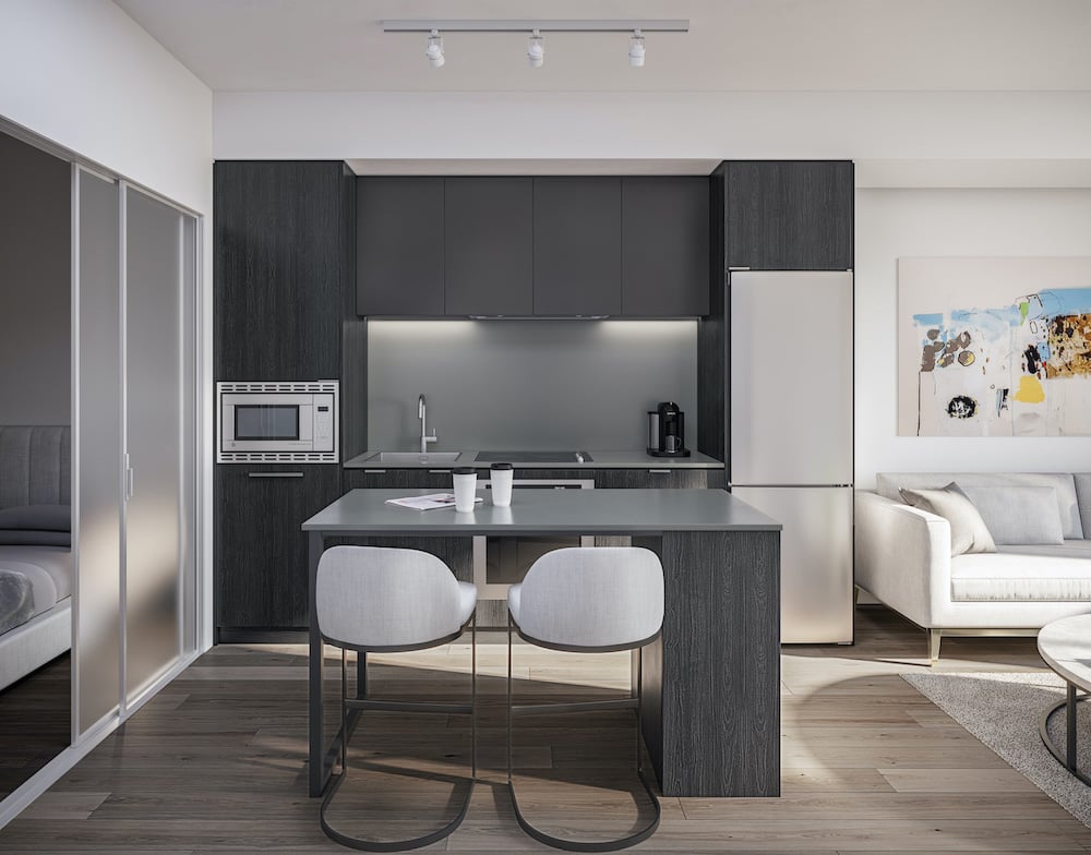 Rendering of 1 Jarvis Condos suite kitchen with island ombre