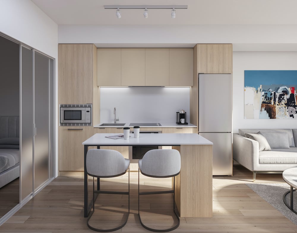Rendering of 1 Jarvis Condos suite kitchen with island neige