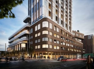 Rendering of 1319 Bloor Street West Condos exterior podium and street view in the evening
