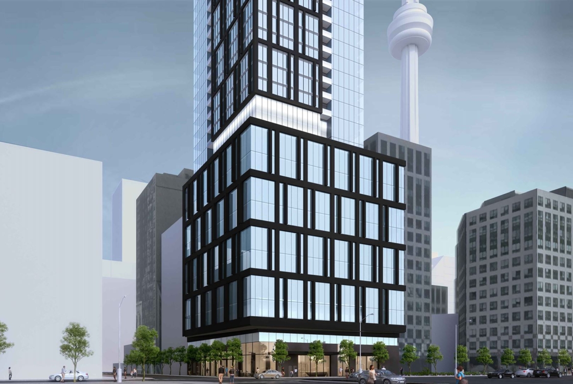 Exterior rendering of 277 Wellington Street West Condos in Toronto podium