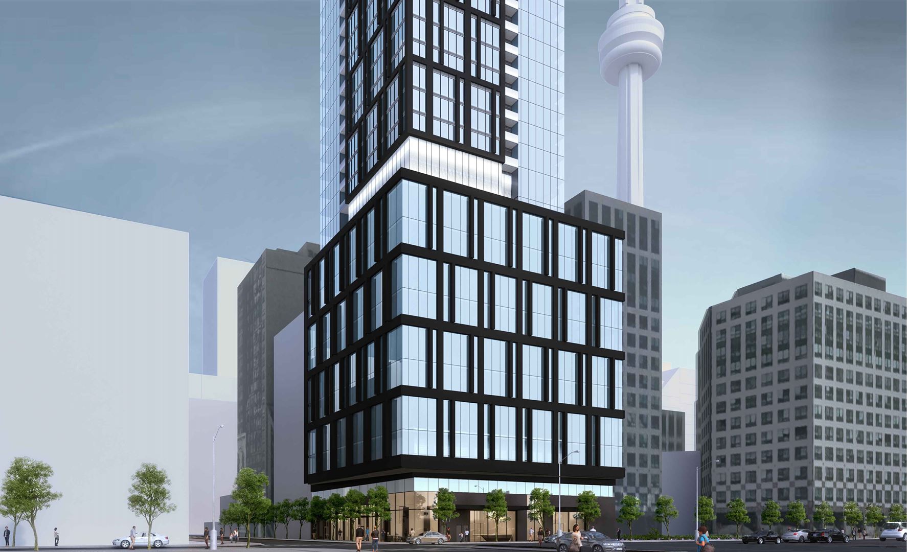 Exterior rendering of 277 Wellington Street West Condos in Toronto podium