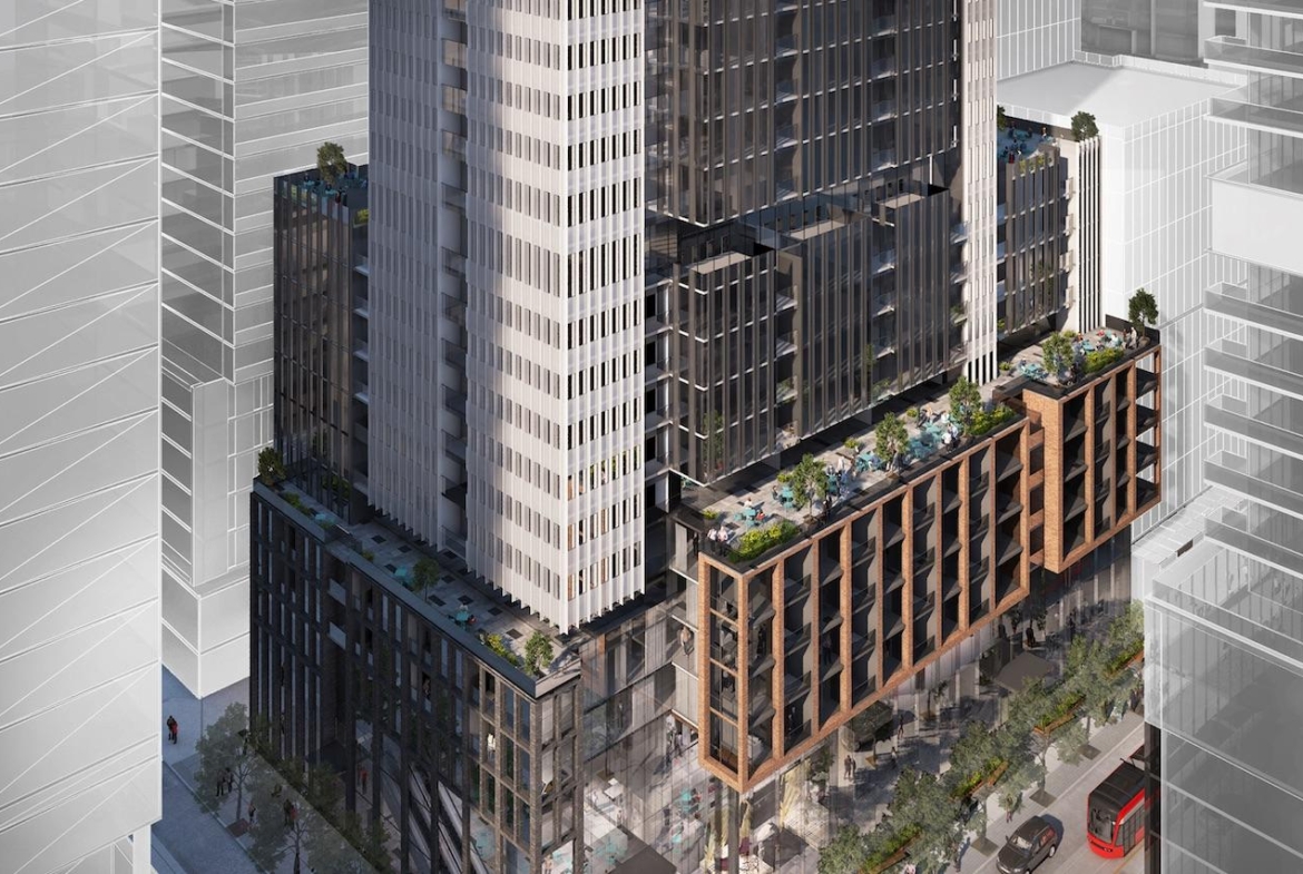 Rendering of 400 King West Condos exterior aerial lower building view