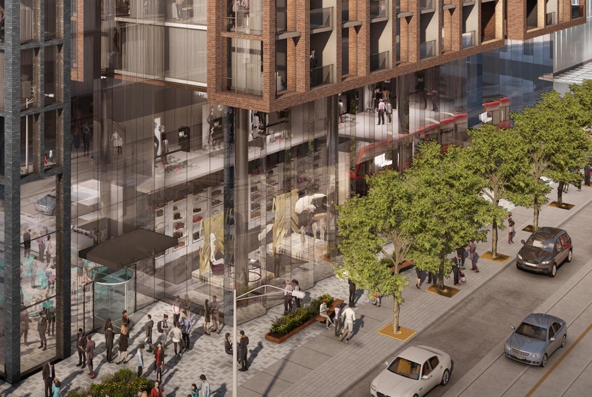 Rendering of 400 King West Condos exterior and streetview