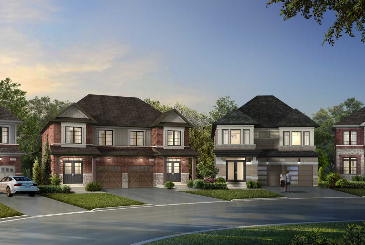 Exterior rendering of Caledon Trails semi's, detached and townhomes