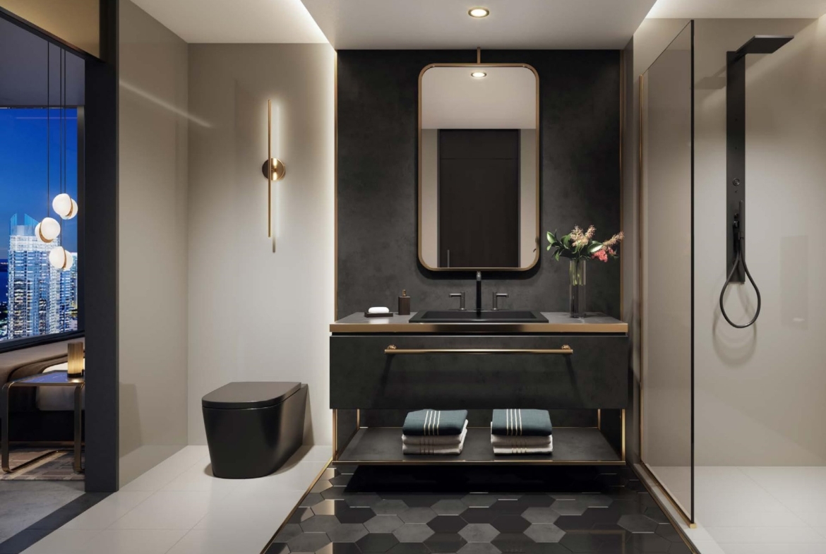 Rendering of E11even Hotel and Residences suite interior bathroom