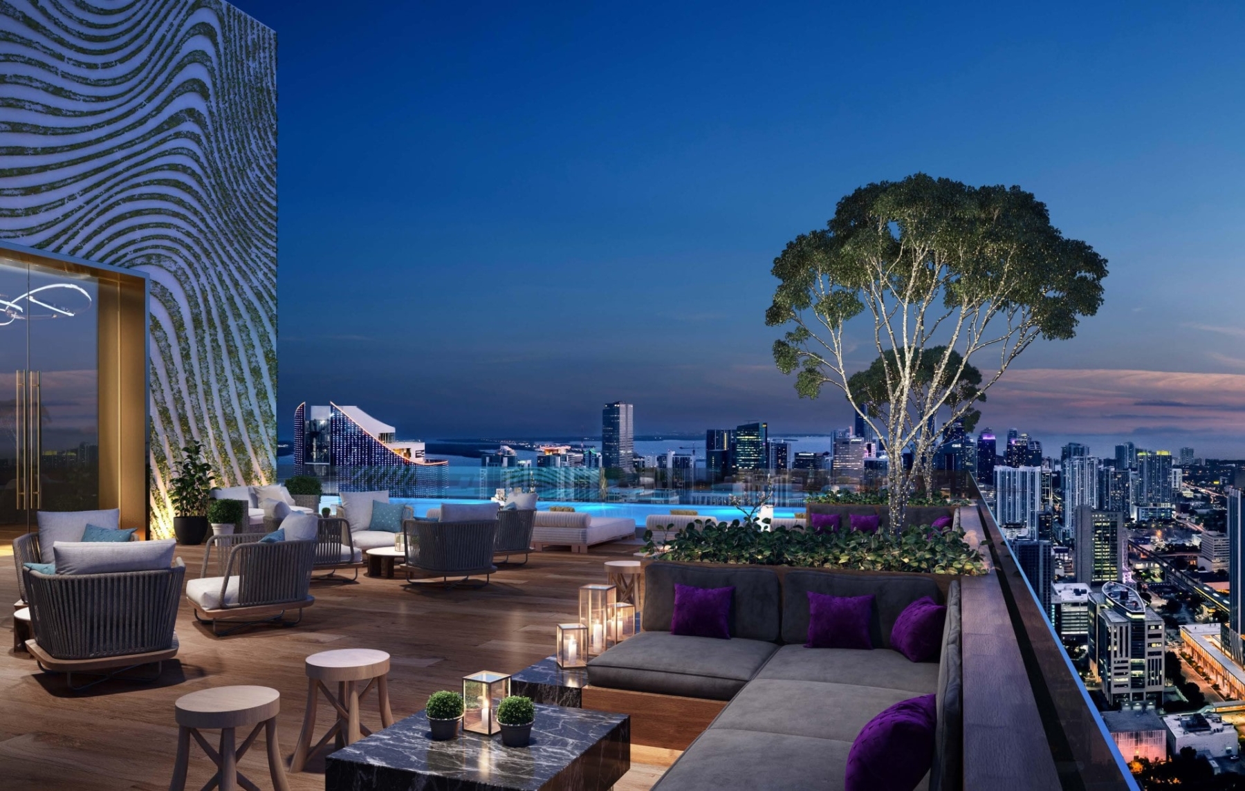 Rendering of E11even Hotel and Residences outdoor terrace at night