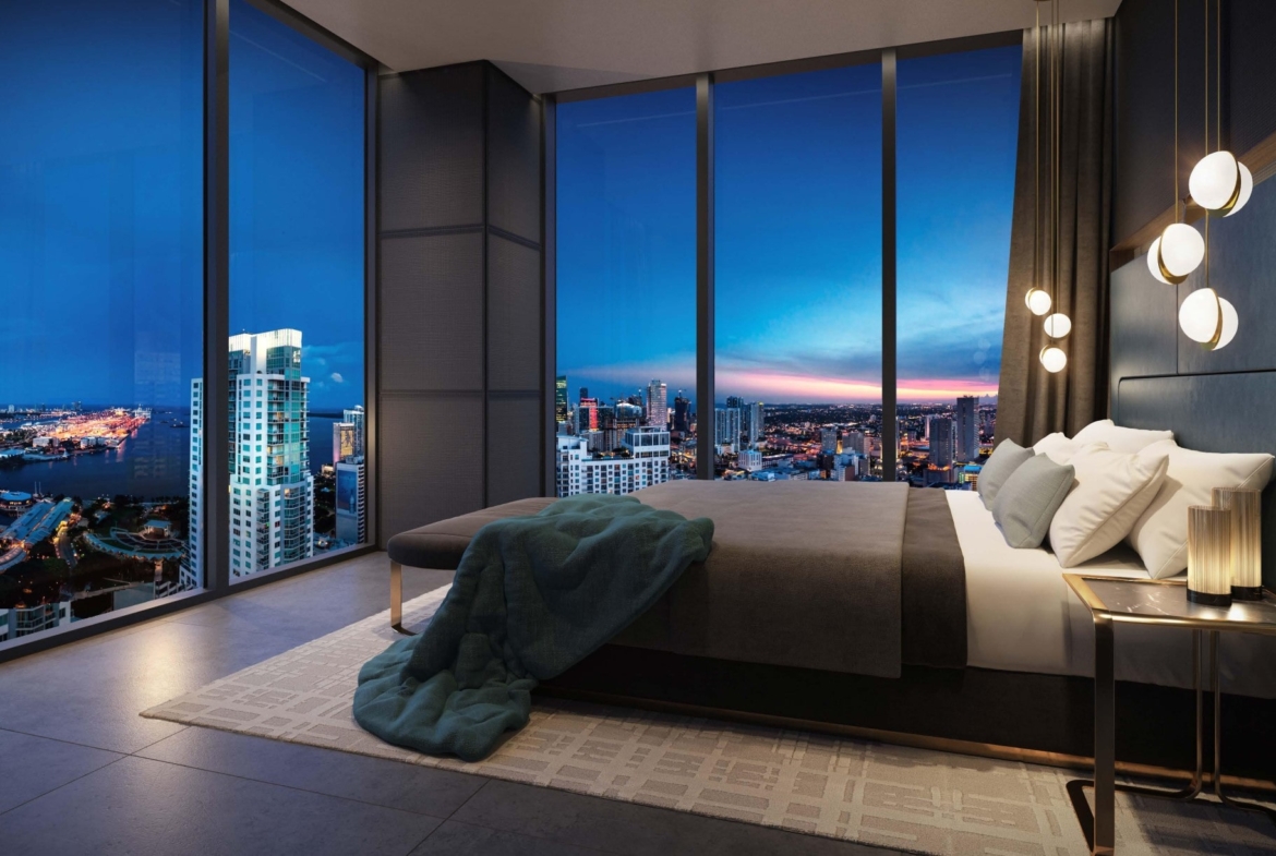 Rendering of E11even Hotel and Residences suite interior bedroom