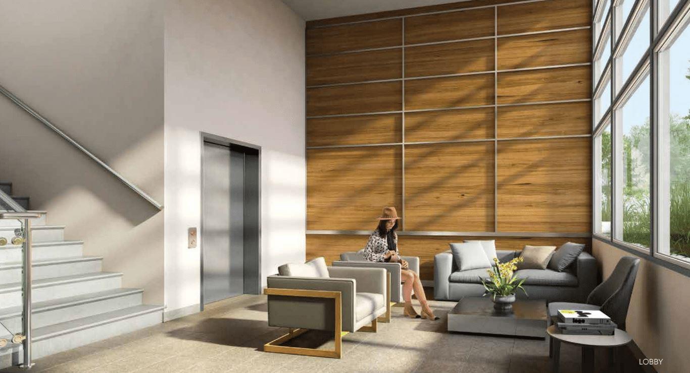 Rendering of One Twenty Condos lobby with seating