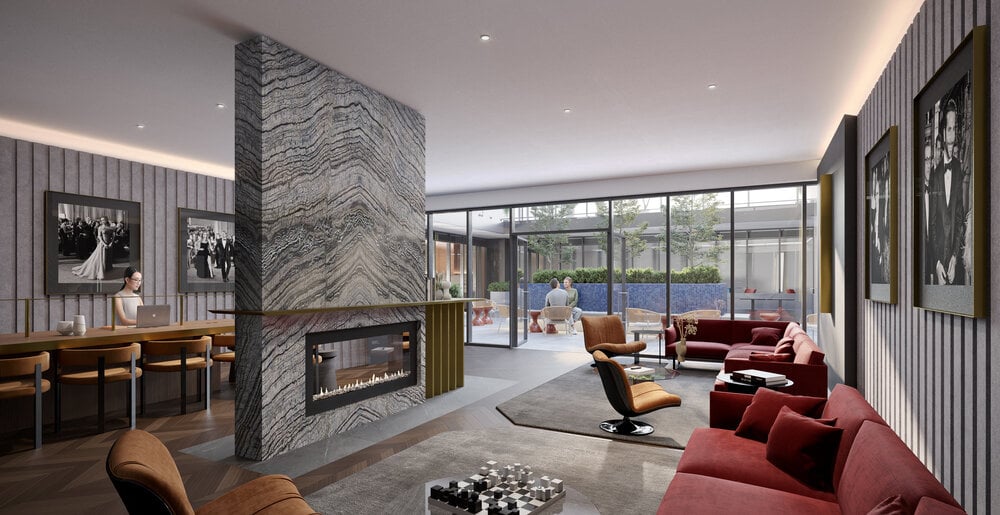 Rendering of Oscar Residences fireplace lounge