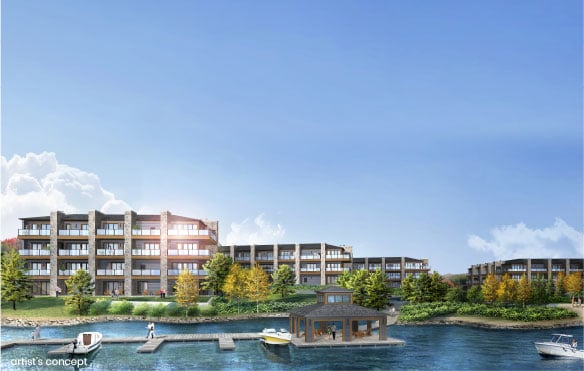 Rendering of Crescent Bay Condos waterfront area with dock