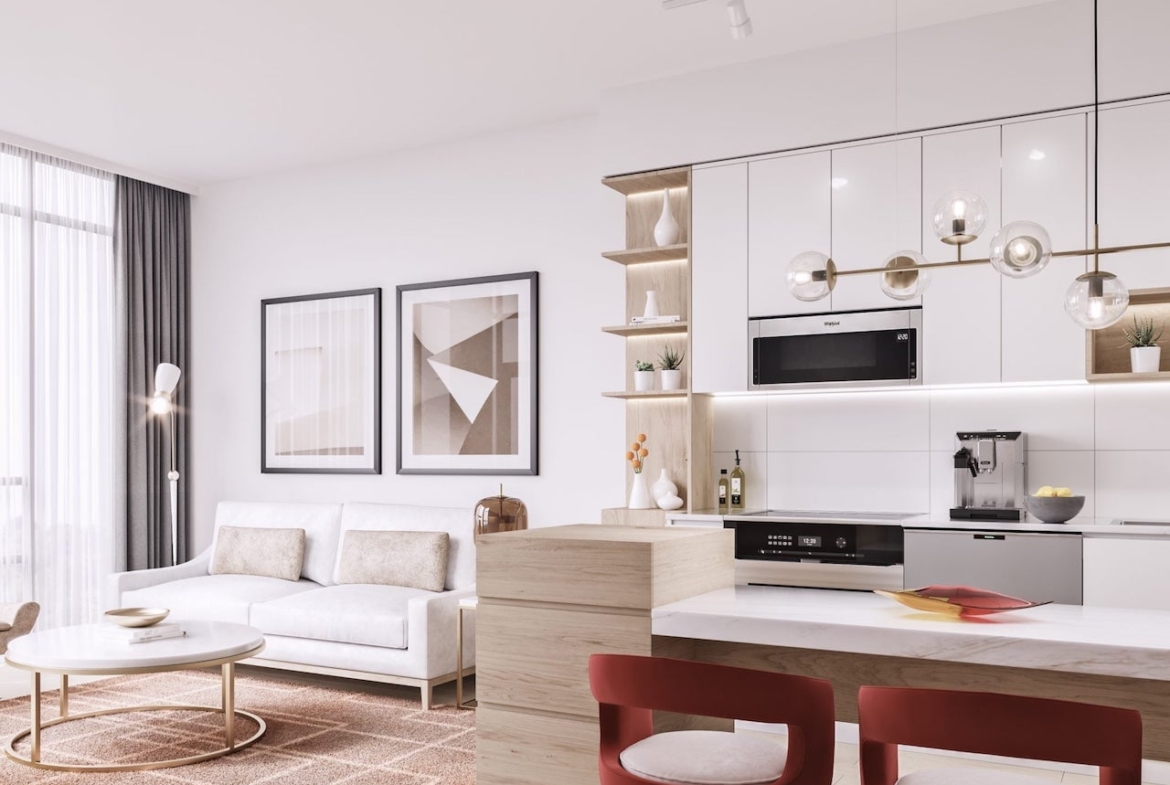 Rendering of Mondria Condos suite living room and kitchen