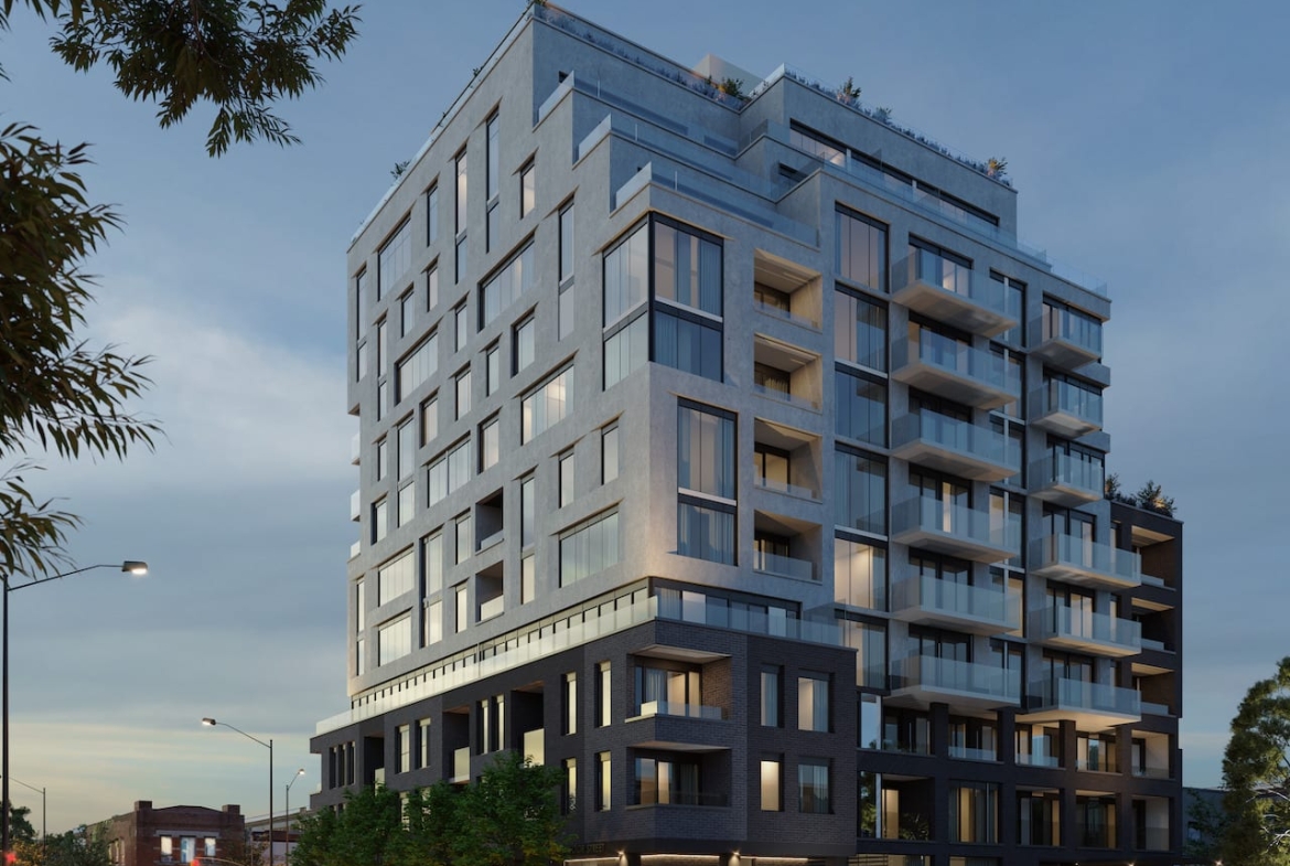 Rendering of Motto Condos in Toronto exterior view at dusk