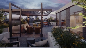 Rendering of Motto Condos BBQ rooftop in the evening