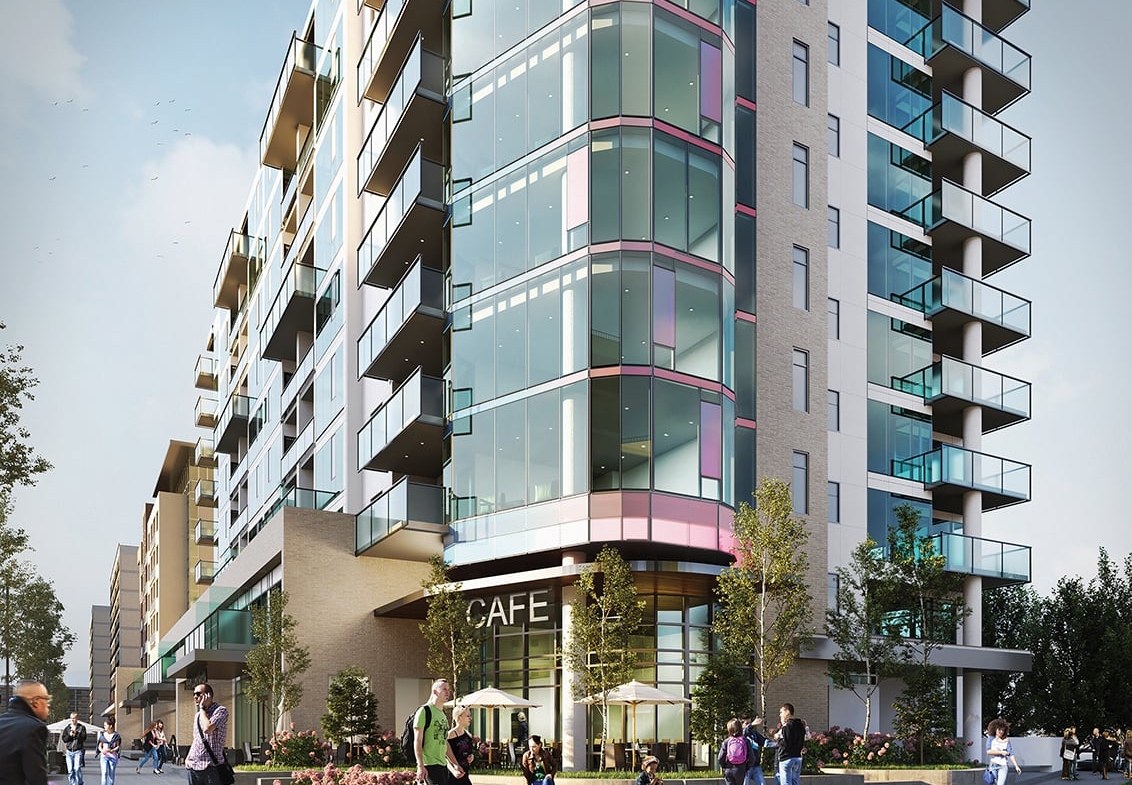 Rendering of The Theodore Condos building exterior with street-level retail in Kensington.