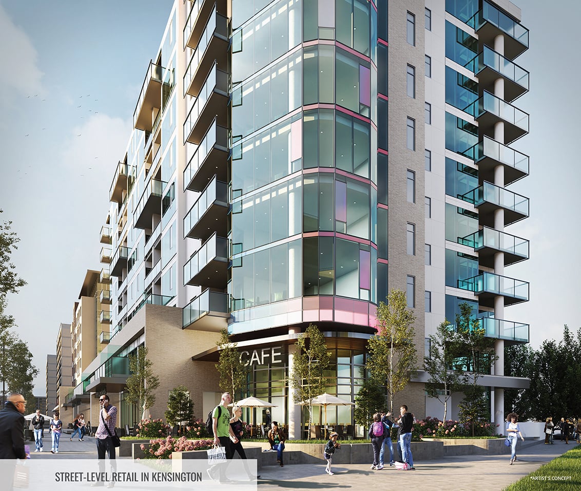 Rendering of The Theodore Condos building exterior with street-level retail in Kensington.