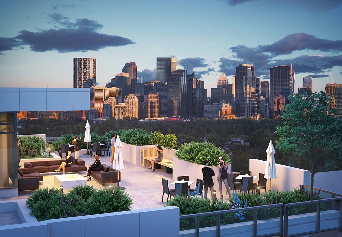 Rendering of The Theodore Condos rooftop terrace with outdoor fireplace