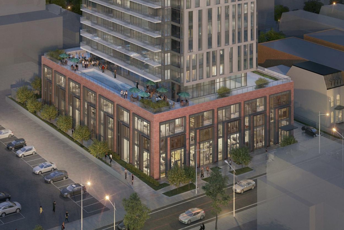 Rendering of 20 Maitland Condos aerial with view of rooftop pool