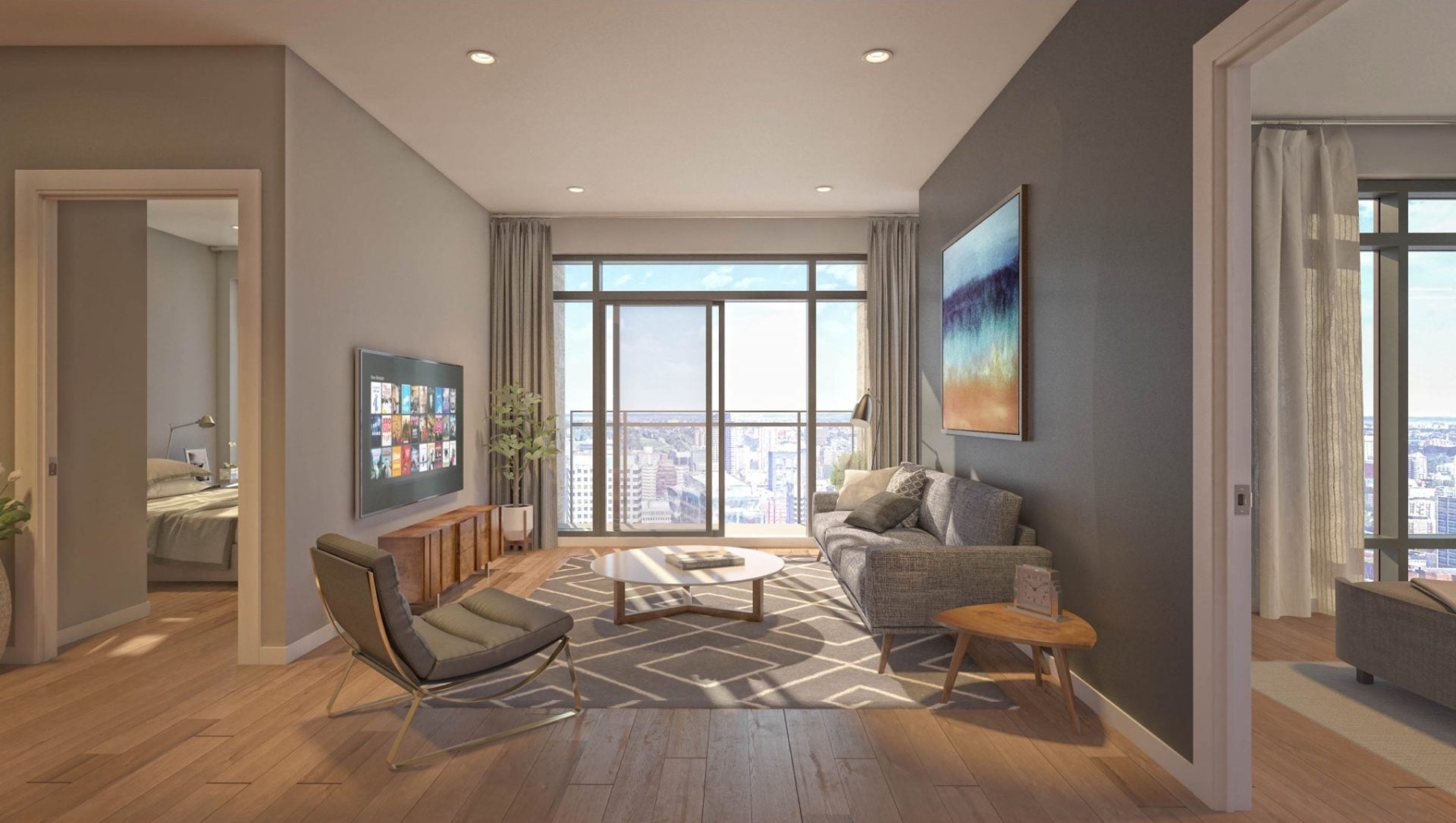 Rendering of 628 Saint-Jacques Condos interior living room and bedroom