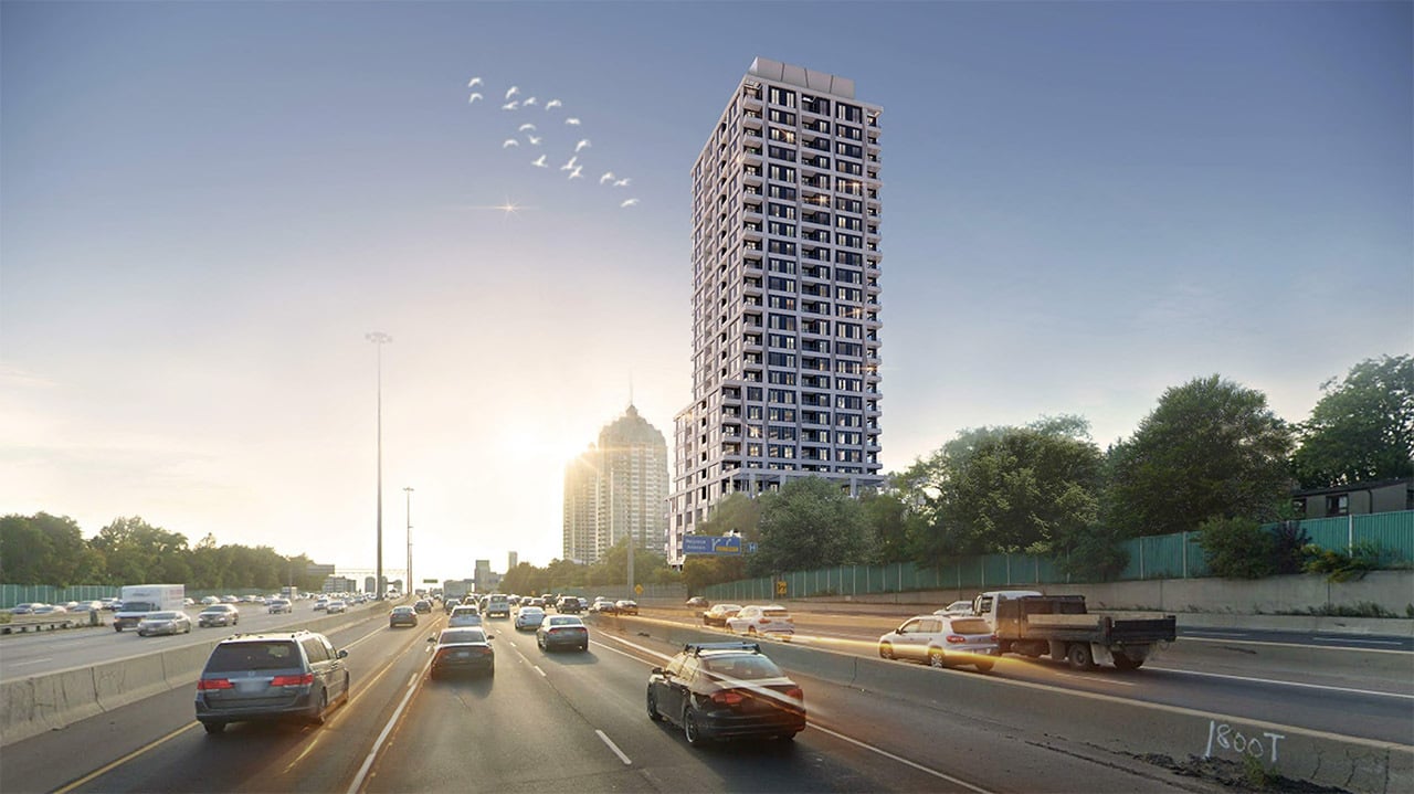 Rendering of 71 Talara Drive Condos and highway nearby