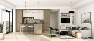 Rendering of House of Assembly Condos interior suite kitchen style A