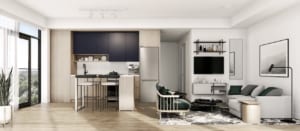 Rendering of House of Assembly Condos interior suite kitchen style B