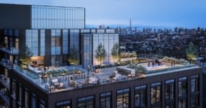 Rendering of House of Assembly Condos rooftop terrace at night