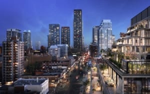 Rendering of The Capitol Condos exterior grand terraces at night