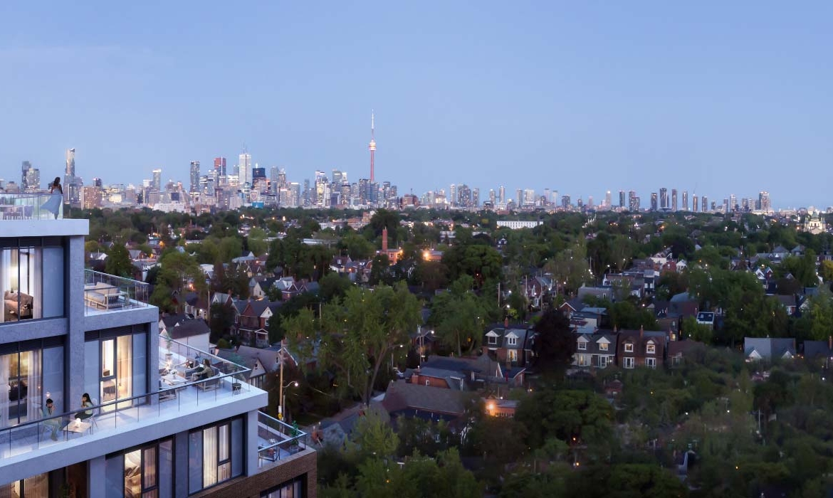 The Dupont Condos exterior terraces with view of Toronto