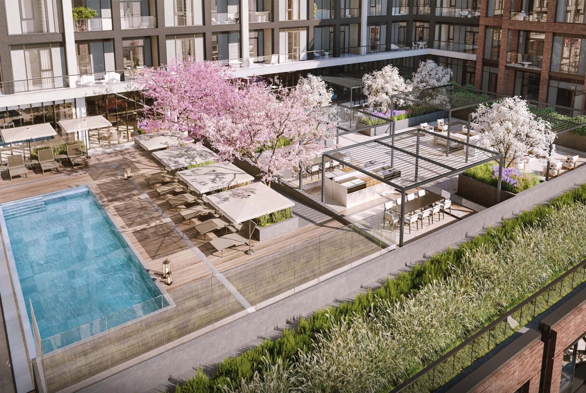 The Dupont Condos terrace with blossom trees
