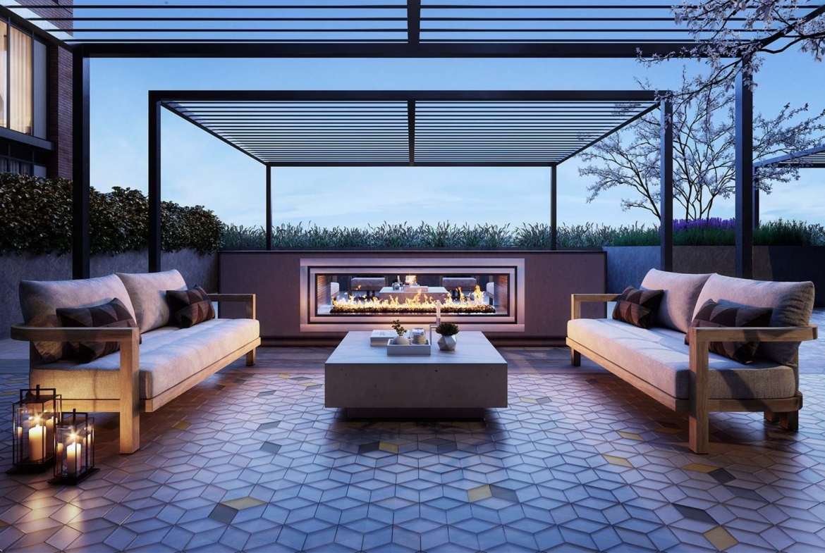 The Dupont Condos terrace with seating and fireplace