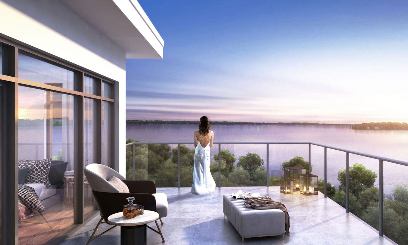 Rendering of Fenelon Lakes Club balcony view in the evening