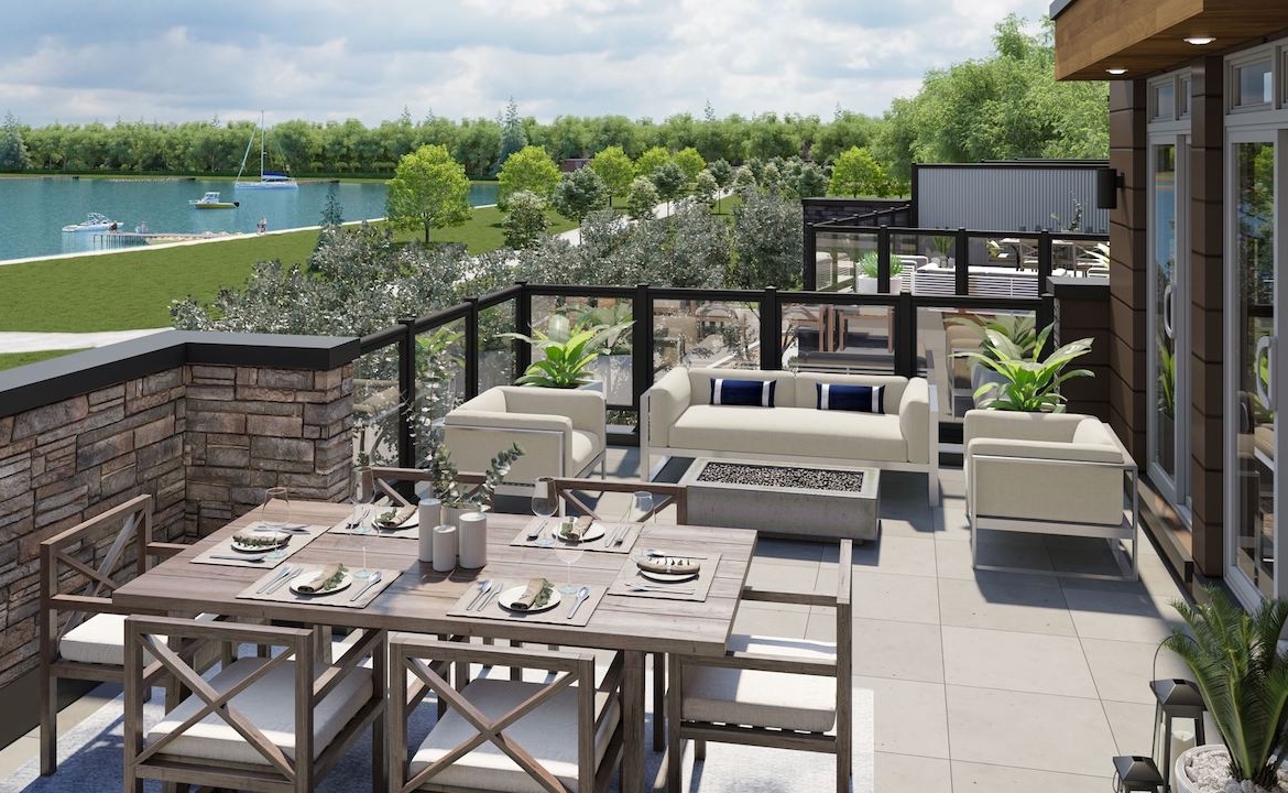 Rendering of Orillia Fresh Towns suite terrace day