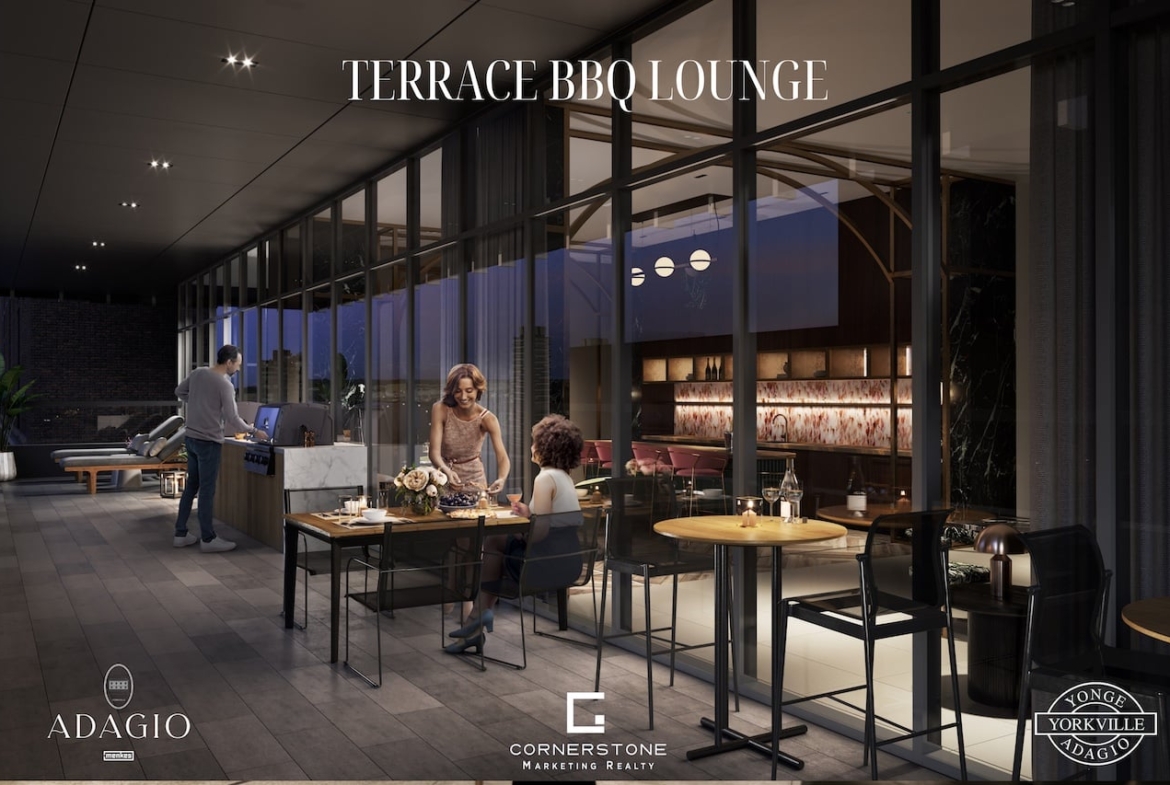Rendering of Adagio Condos terrace with BBQ and lounge