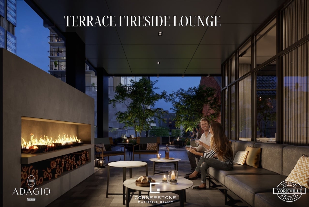 Rendering of Adagio Condos terrace with fireside lounge