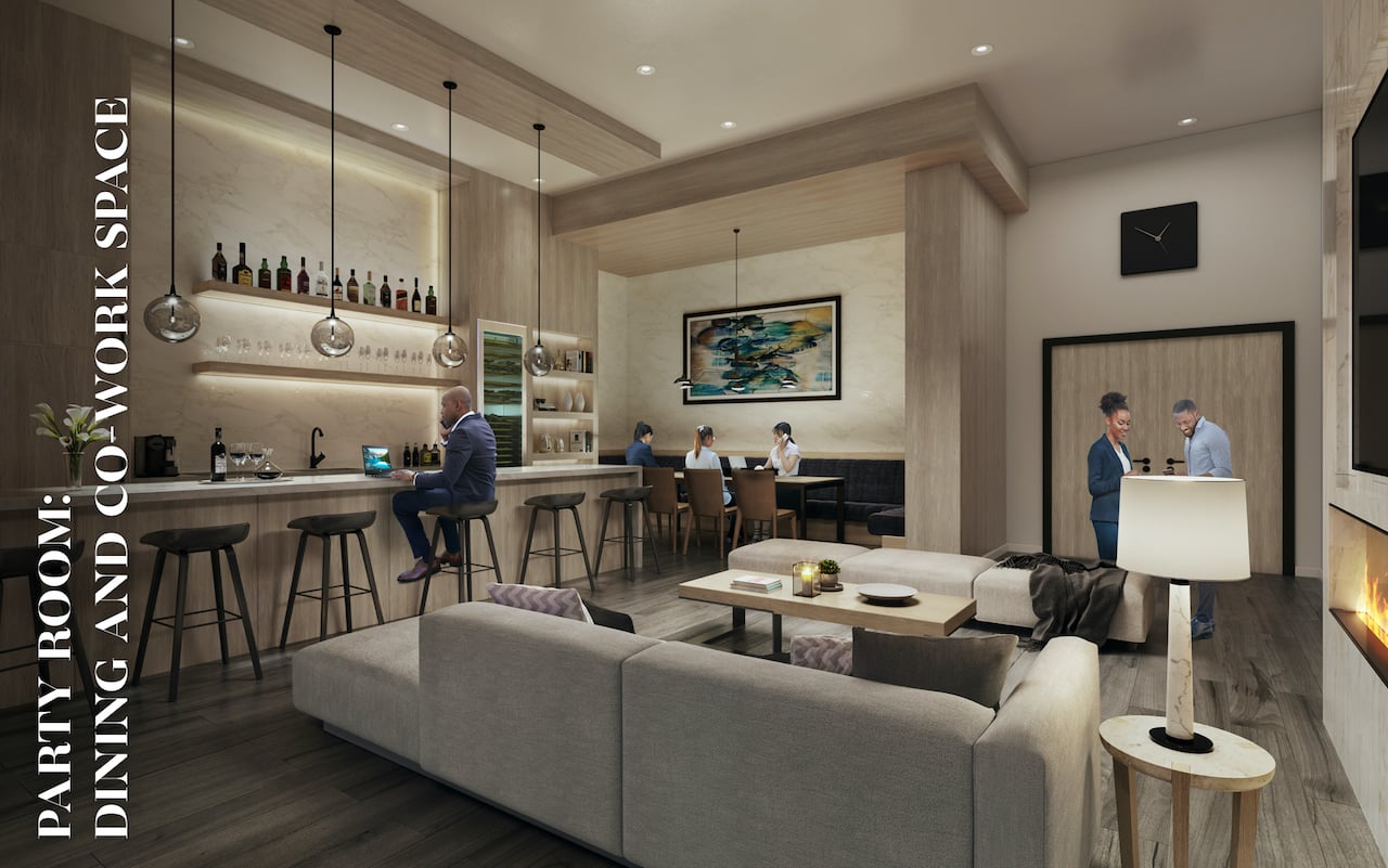 Rendering of Danny Danforth interior party room and co-working space