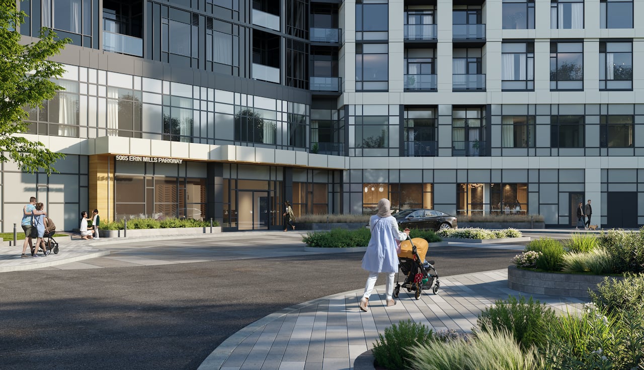 Rendering of Kindred Condos exterior podium and entrance