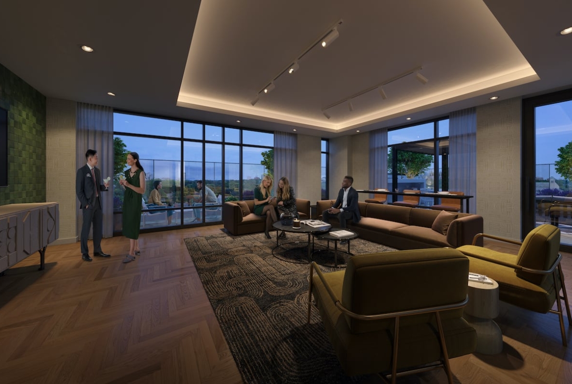 Rendering of Kindred Condos lounge at night