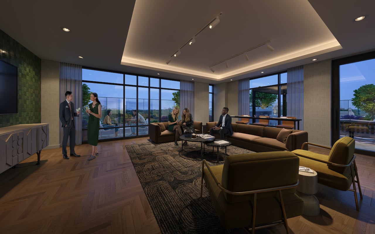 Rendering of Kindred Condos lounge at night